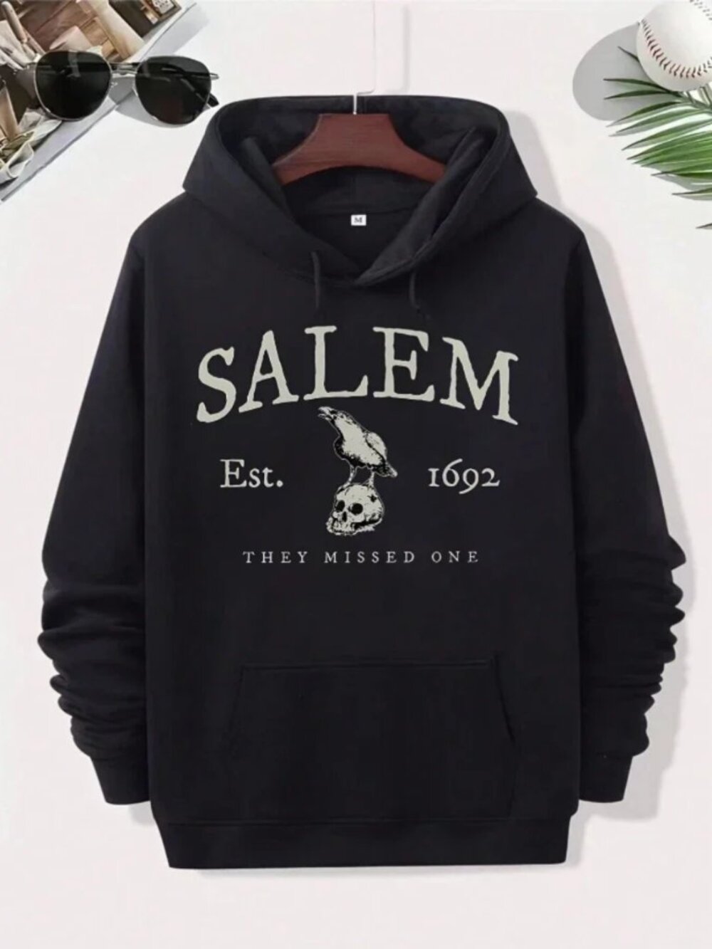 Men's Black Salem 1692 Witch Trial Print Hoodie NWT